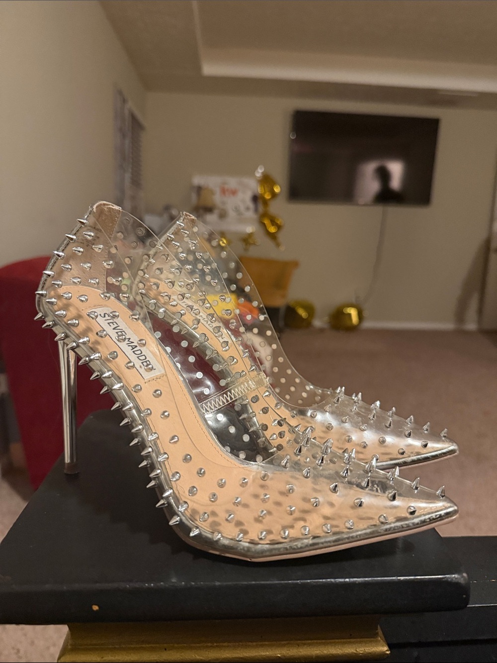 Steve Madden Clear PVC Pointed-Toe Stiletto Pumps with Silver Spikes